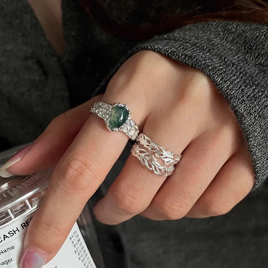 Light luxury ins Feng Shui grass agate ring women's S925 sterling silver heavy industry high-end feather stacked index finger