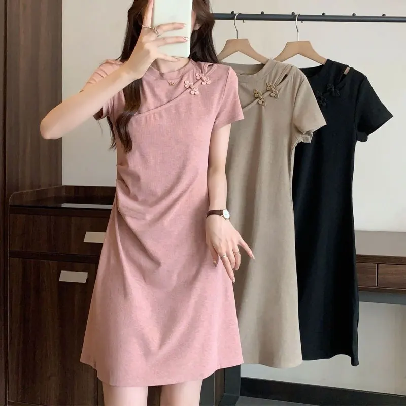 

Stylish Chinese Disc Buckle Dresses Female Clothing Vintage Solid Color Summer A-Line Folds Waist Casual Short Sleeve Mini Dress