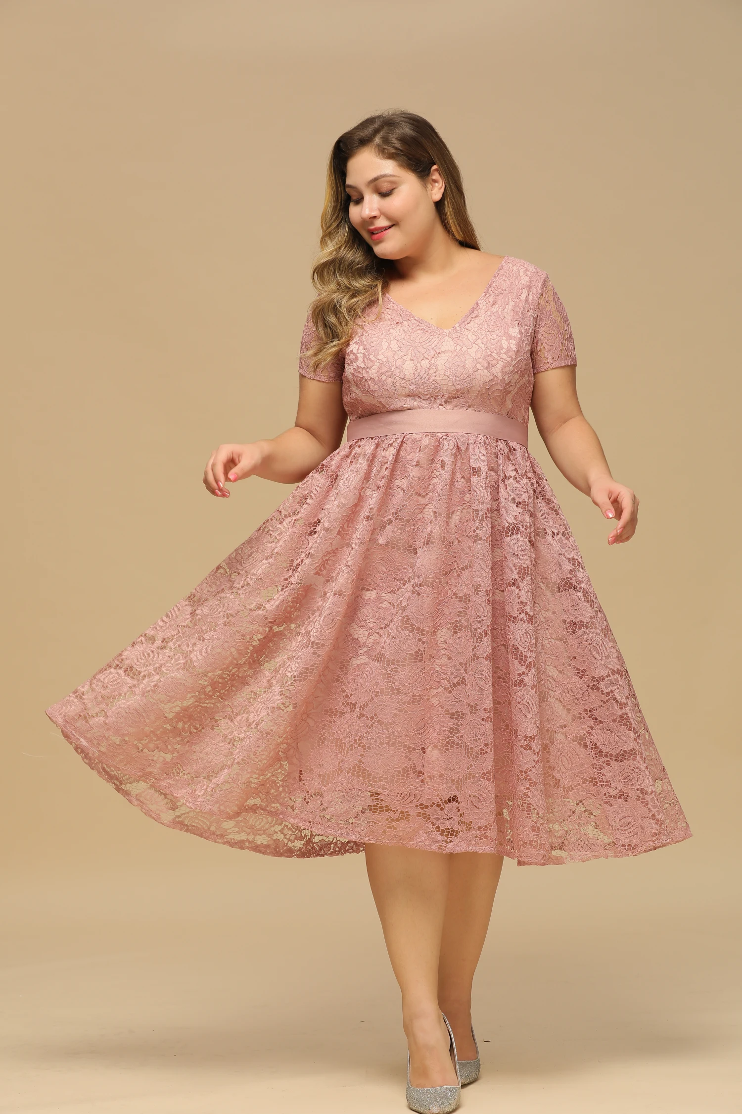 Misshow-Robe à fleurs style Boho pour femmes, grande taille 3XL, avec ceinture, manches courtes, ajourée, en dentelle, rose, pour noël et nouvel an