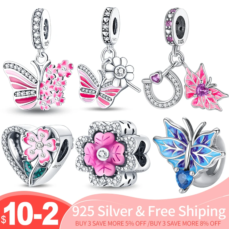 Hot Sale New in 925 Sterling Silver Early Spring Red&Blue Butterfly Charm Fit Pandora Bracelet DIY Jewelry For Women