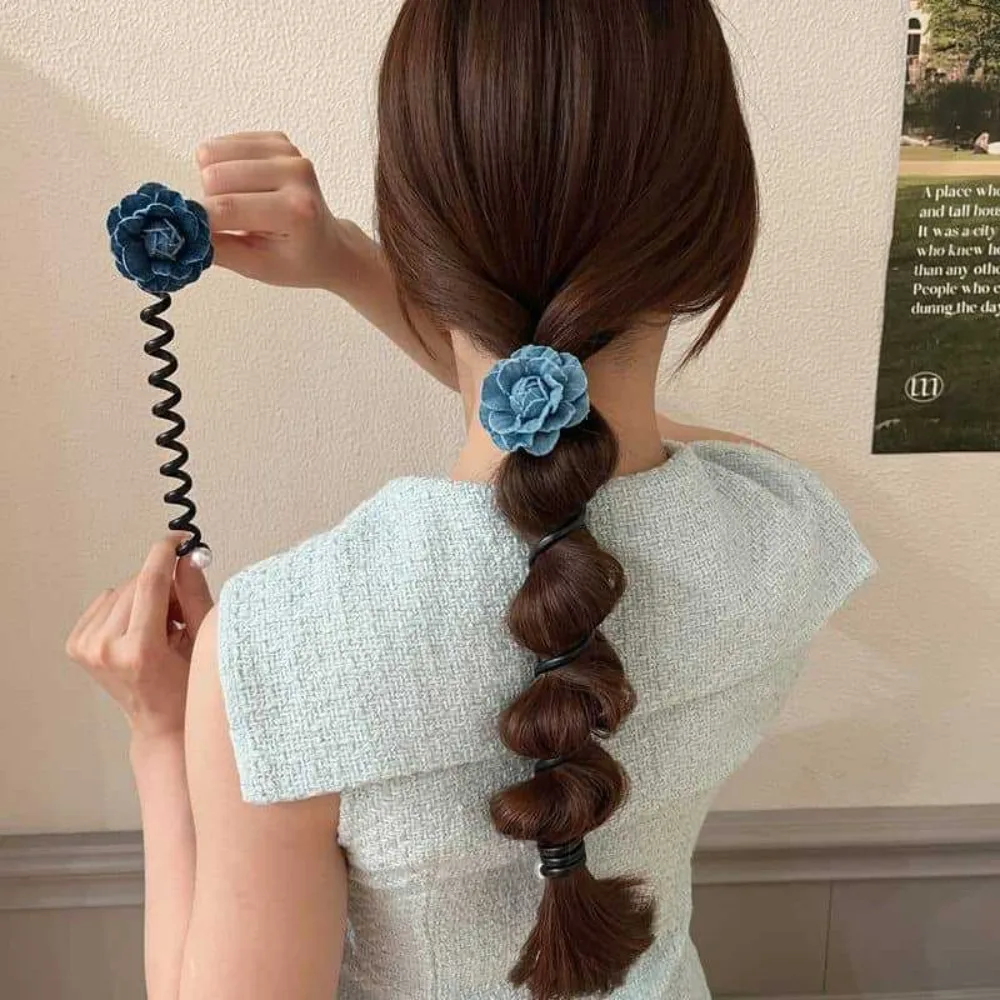 Denim Telephone Wire Hair Rope Candy Color Flower Bubble Braid Hair Tie Ponytail Holder Elastic Spiral Coil Hairbands Girls