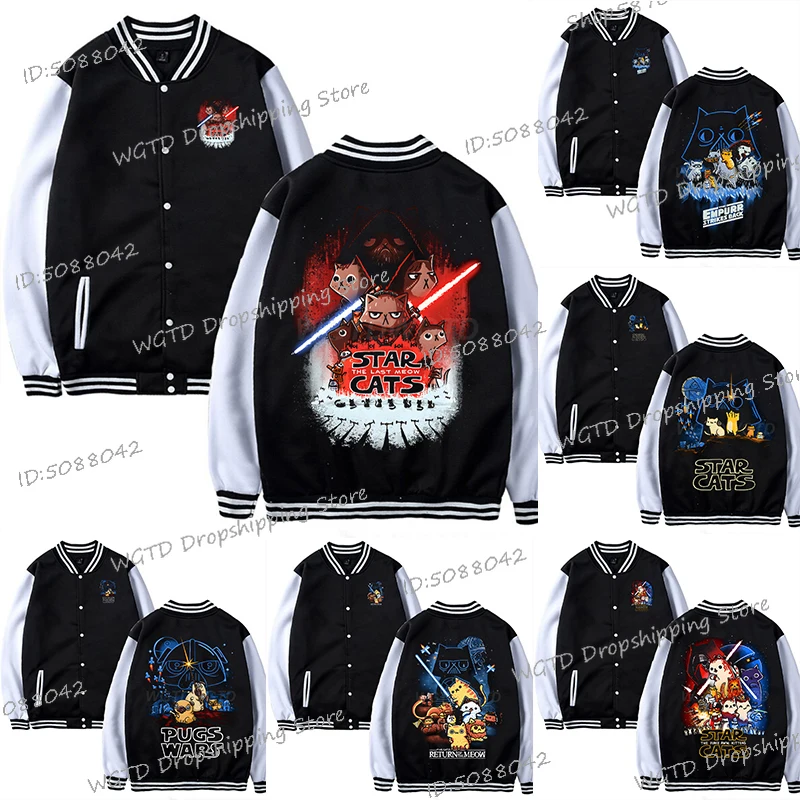 

Funny Star Cats Baseball Jacket Boys Girls Long Sleeve Outerwear Fashion Anime Kitten Animal Trend Children Coats Y2K Uniform