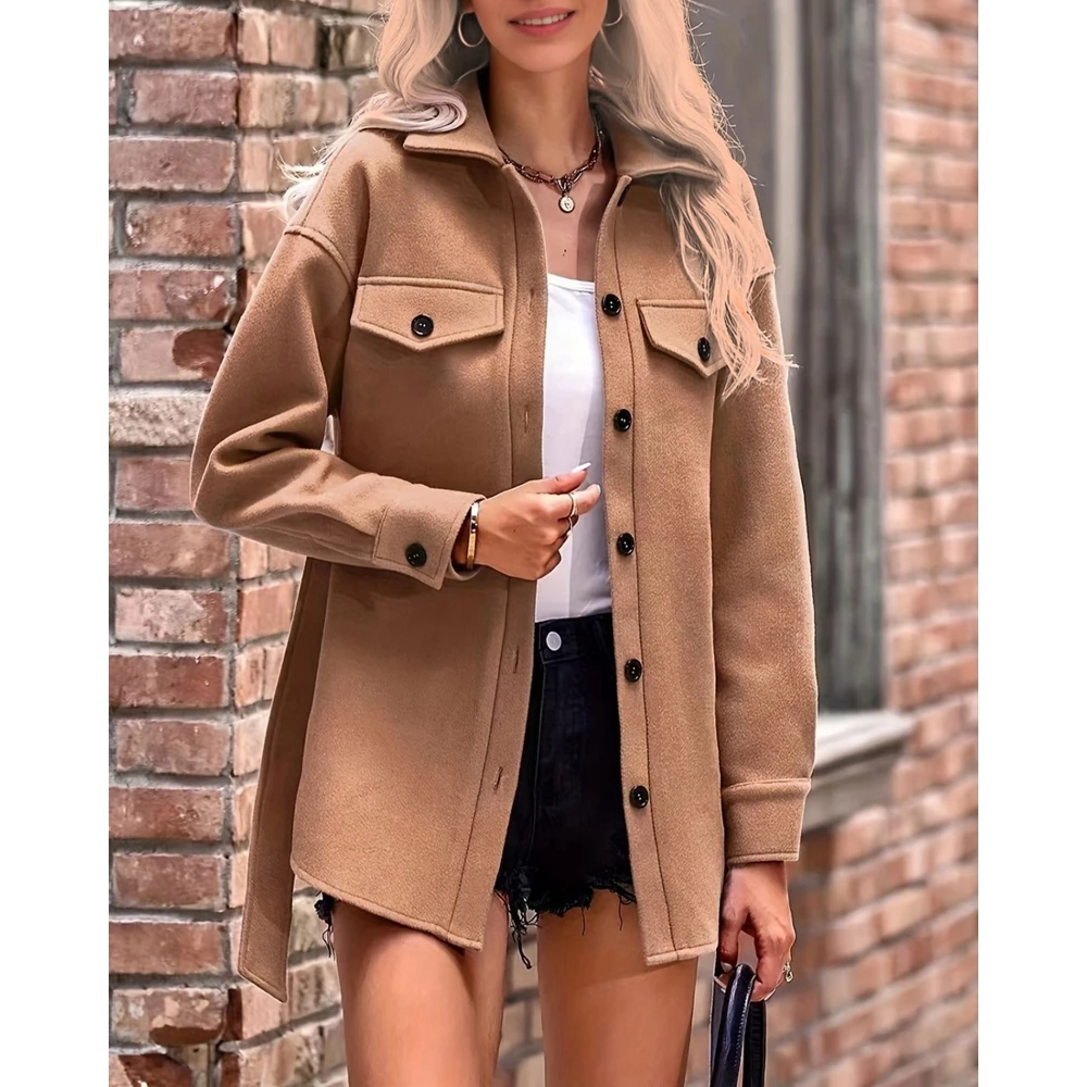 

Autumn Women Single Breasted Asymmetric Hem Short Trench Coat With Belt Casual Pocket Design Turn-down Collar Casual Jackets