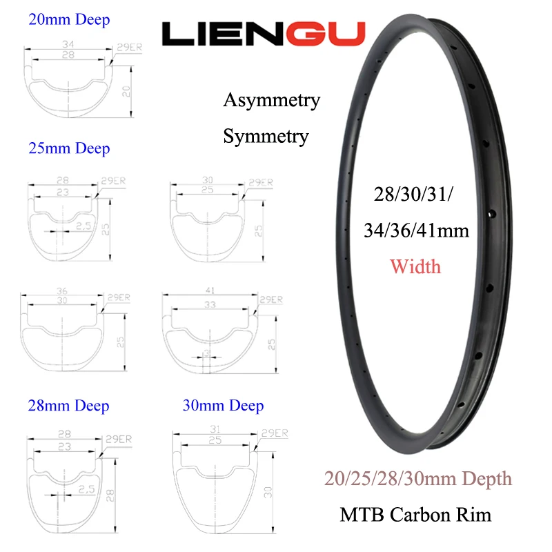 

LIENGU Customizable MTB Carbon Rim 29 UL SL XC 28/30/31/34/36/41mm Width 20/25/28/30mm Depth Symmetric Asymmetric Tubeless 29er