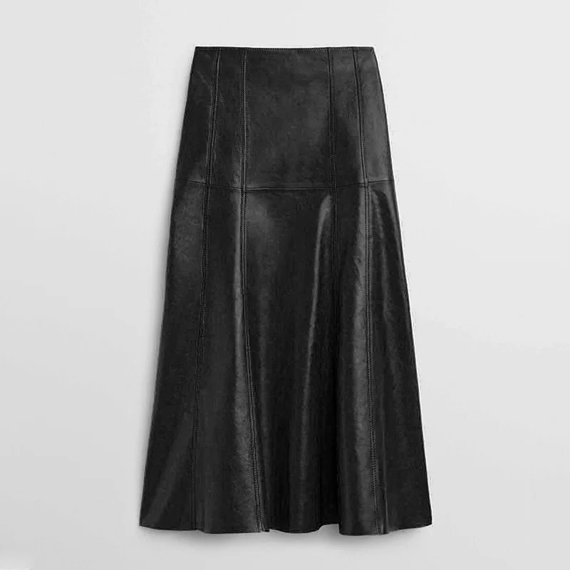 2023 Women New Genuine Leather Skirt High Waist Spliced Real Sheepskin Skirt E53