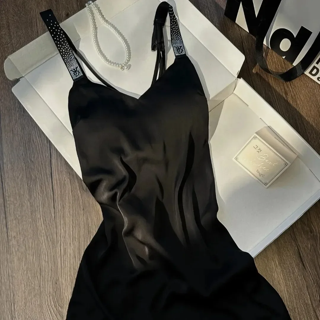 

Sexy Summer New Ice Silk V-neck Strap Women's Nightgown Pure Desire Sensual Home Clothes High-grade Sensation Sleep Dress