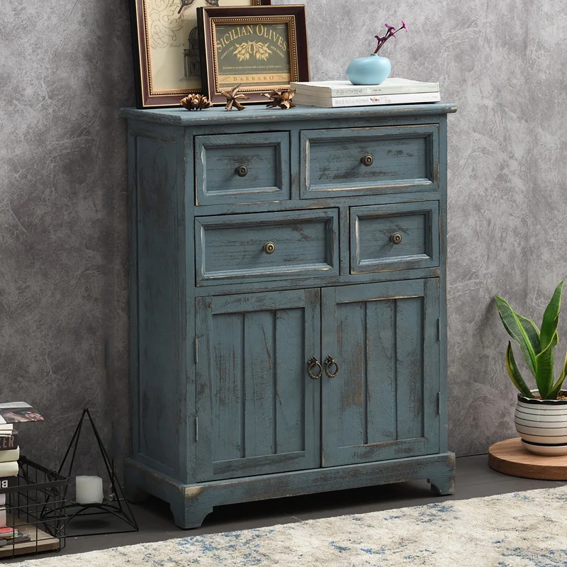 ‌Distressed Mediterranean Sideboard‌: Mortise-Tenon Solid Wood Storage Cabinet for Entryway/Dining - Water-Based Lacquer Finish