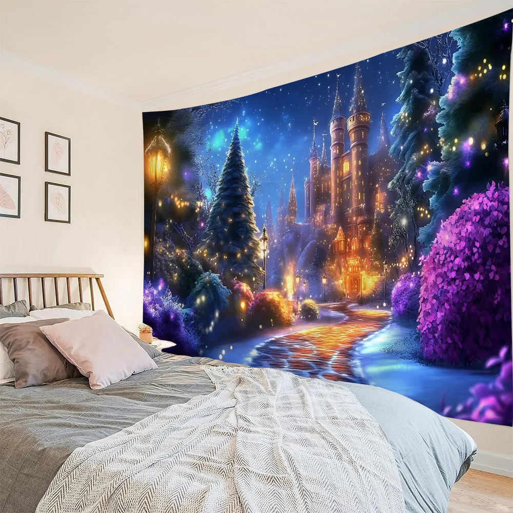 Christmas Snow Tapestry Santa Gifts Fireplace Christmas Tree Elk Wall Hanging Room Bedroom Dormitory Home Decoration