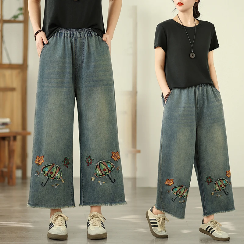 

plus Size Embroidered Casual Denim Jeans Elastic Waist Cotton Blend Spring Summer Ladies Loose Fit Blue Jeans Fashionable
