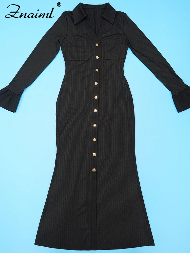 Znaiml Elegant Women Lapel V Neck Flare Long Sleeve Patchwork Button Black Maxi Dresses Autumn Winter Birthday Evening Prom Robe