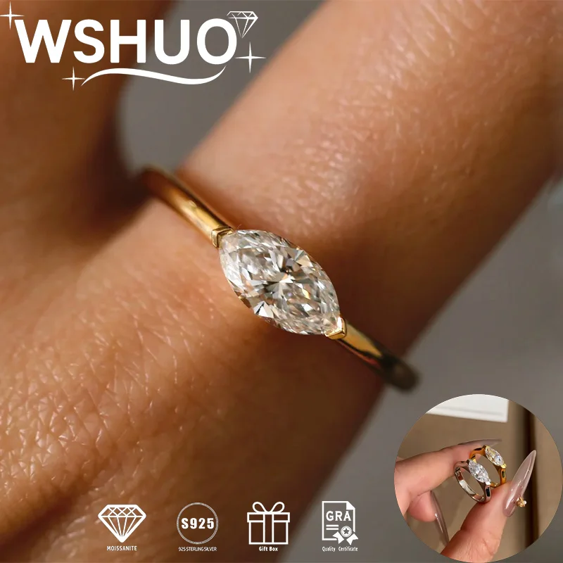 

WSHUO 1ct Marquise Cut D Color Moissanite Women Rings Plated 18K Gold S925 Pure Silver Couple Wedding Ring Fine Jewelry Gift GRA