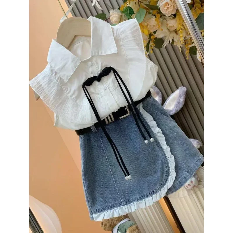 Girl Princess Style Set 2024 Summer New Baby Girl Flying Sleeve Shirt+Cowboy Lace Skirts 2PCSChildren Clothing Sets