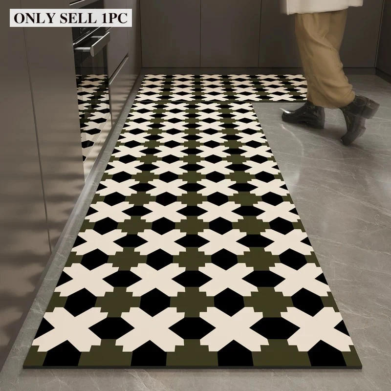 Kitchen Carpet PVC Waterproof Non-slip Oil-proof Leather Floor Mat Black and White Geometric Pattern Long Rug Home Decor Rugs