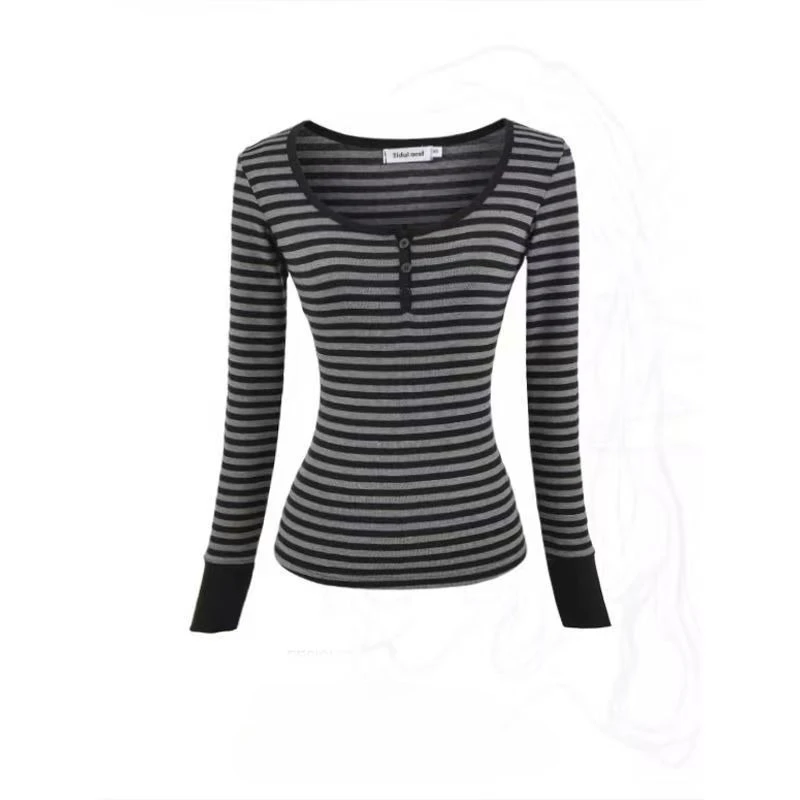 Y2K Striped False Two-piece Long Sleeve Tops Women Black Grey Square Neck Button Down Tees Vintage Aesthetic Casual Slim TShirts
