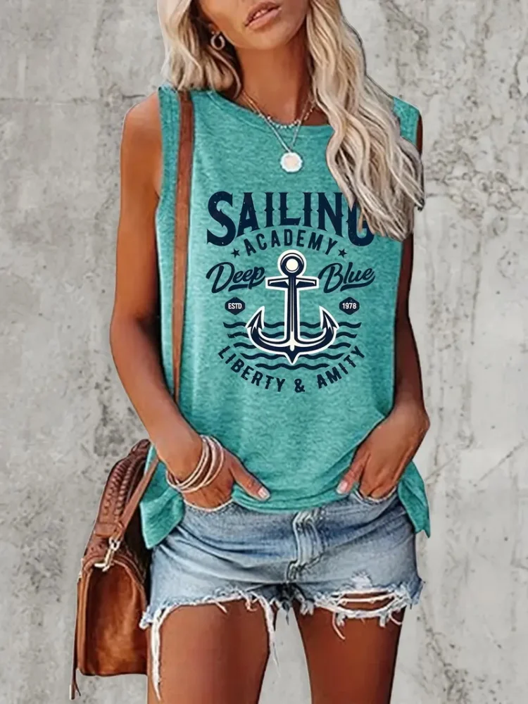 

2025 Women's Sleeveless Round-neck Vest With Anchor Pattern And Letter Print Summer Street Fashion Casual Wear