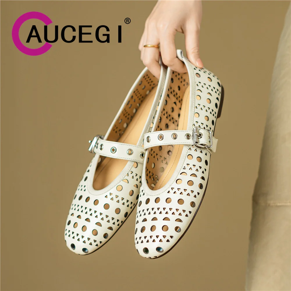 

Aucegi Spring Summer Hollow Out Flat Loafer Women Round Toe Real Leather Buckle Strap Casual All Match Walking Handmade Shoes