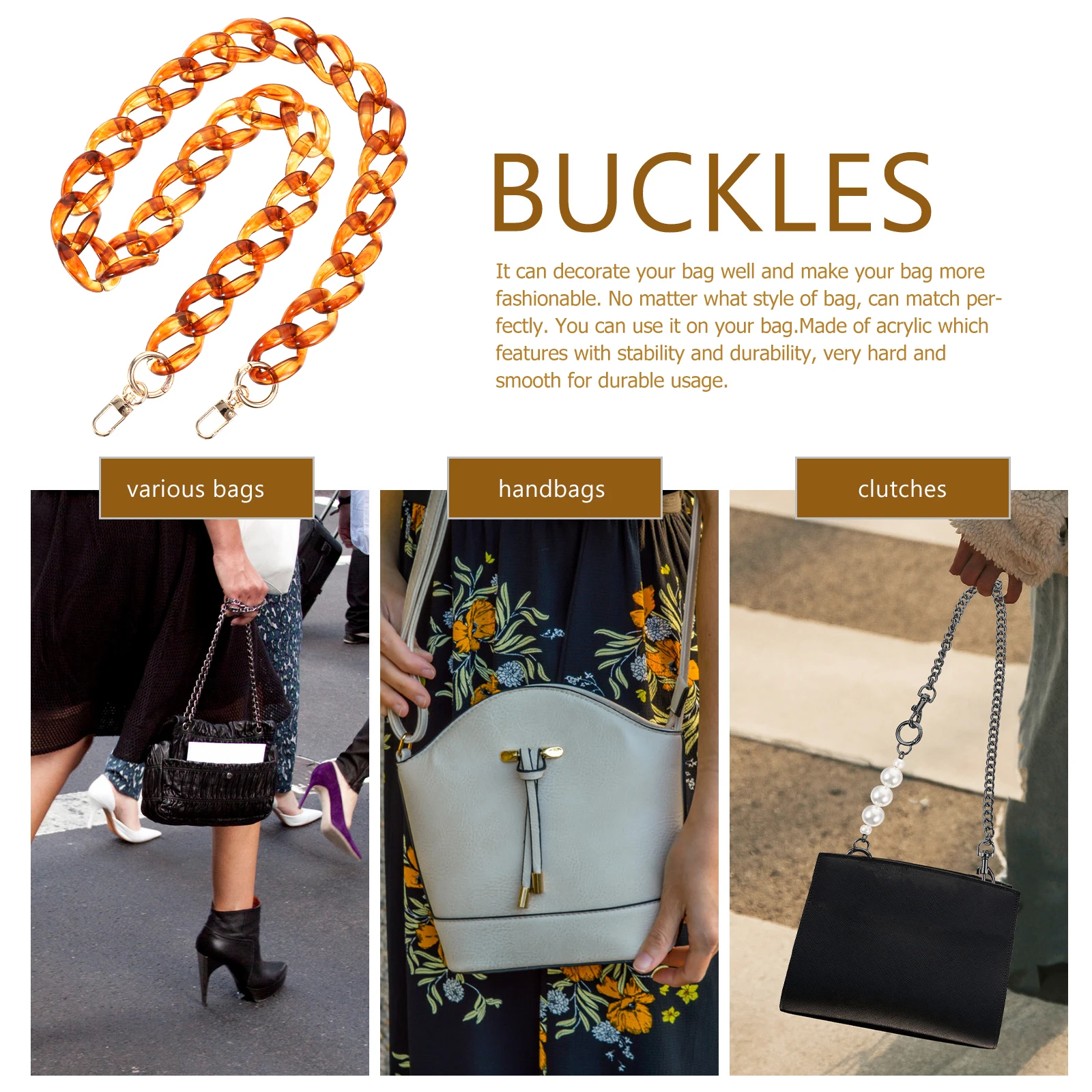 

Fish Bone Chain Acrylic Bag Strap Handbag Purse Chain Bright Color Crossbody Tote Messenger Replacement Long Extended
