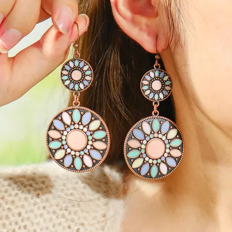 New Boho Ethnic Fashion Colorful Drop Oil Round Earrings For Women Sum Flower Enameled Distinctive Sweet Vacation Jewelry Gift