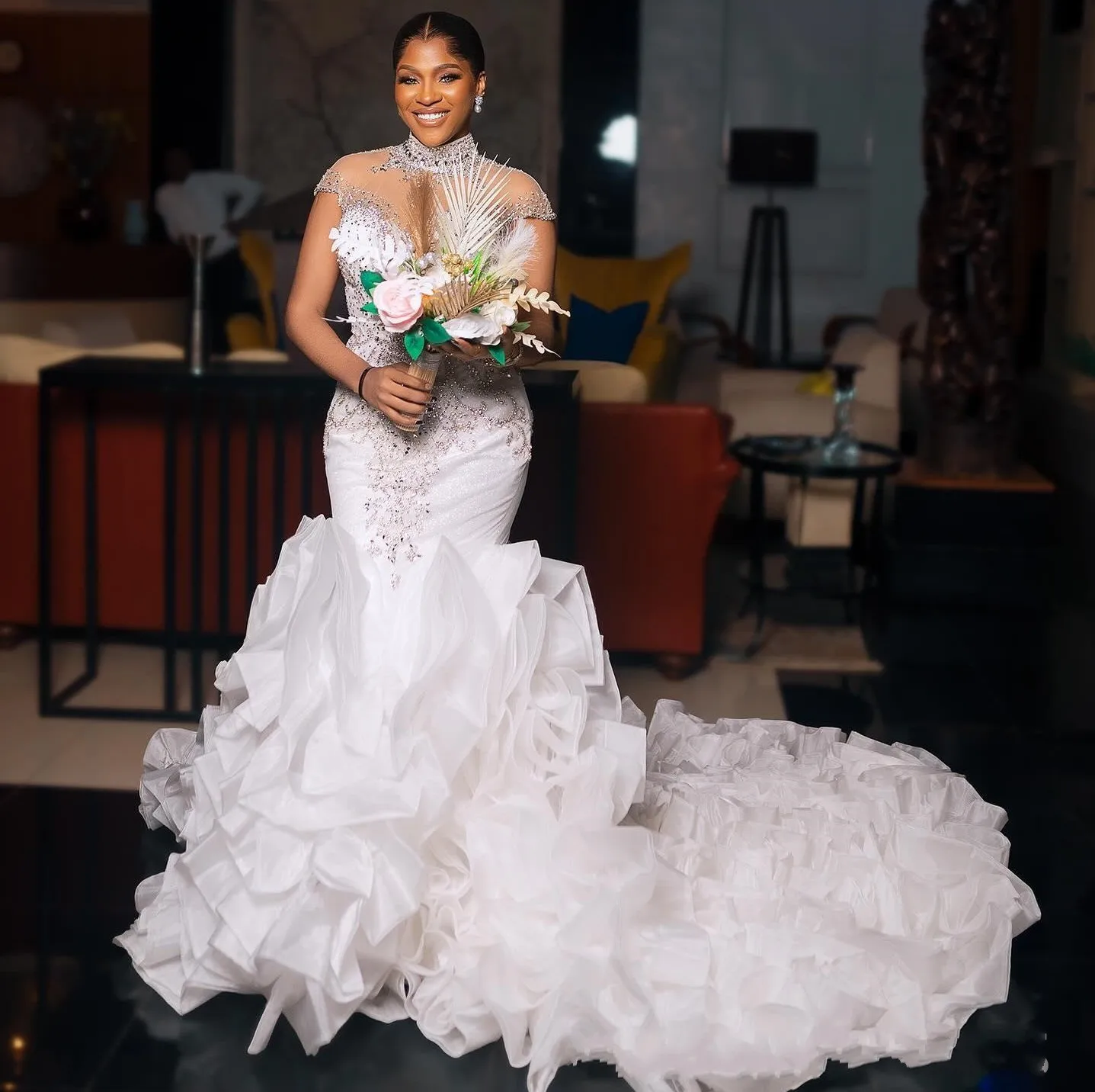 

2026 Wedding Dress Bridal Gowns For Bride African Mermaid High Neck Short Sleeves Illusion Beaded Lace Crystals Rhinestones