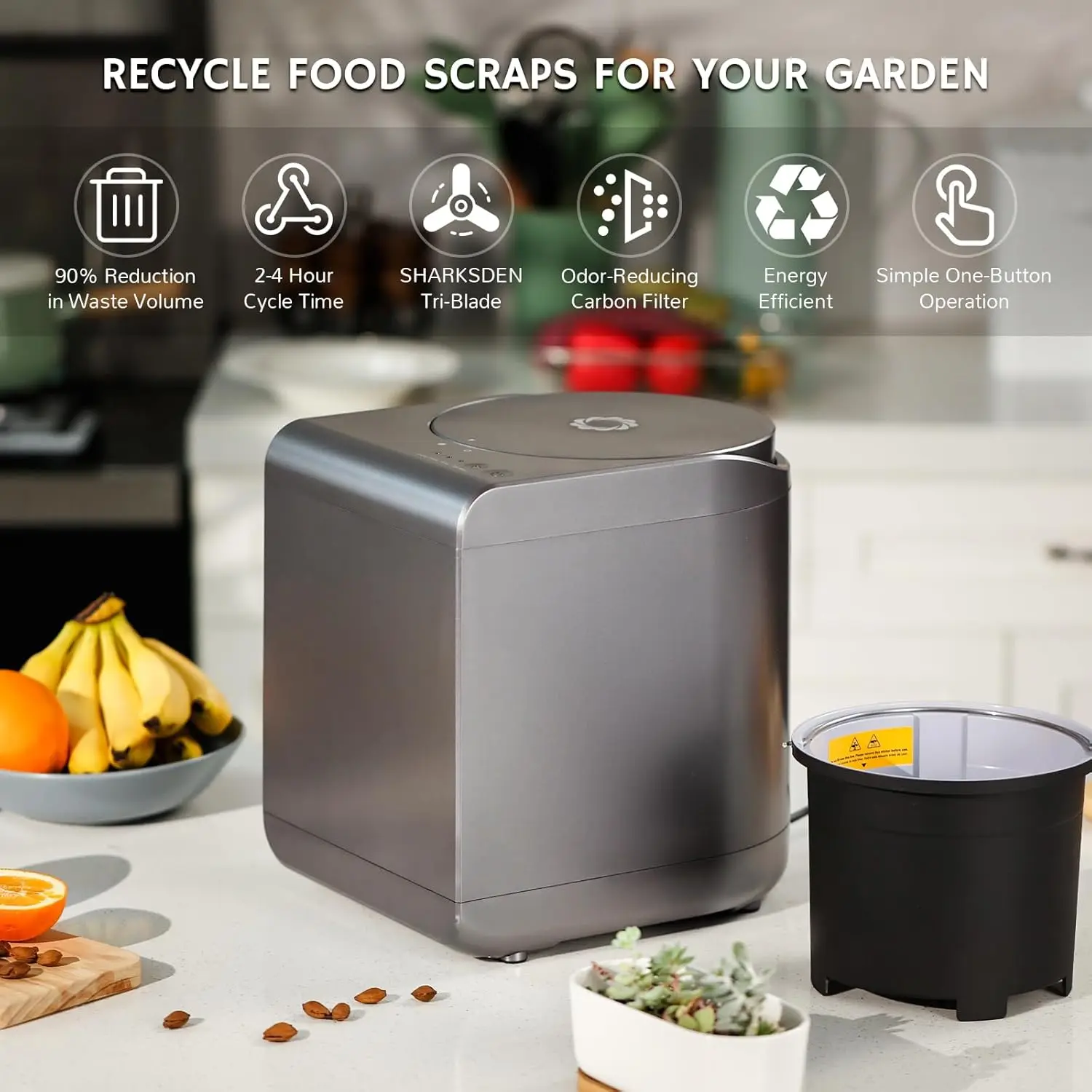 

Bundle | Electric Kitchen Composter Grey and 1 Spare Bucket with Lid + 3-Pack Compostable Trash Bags