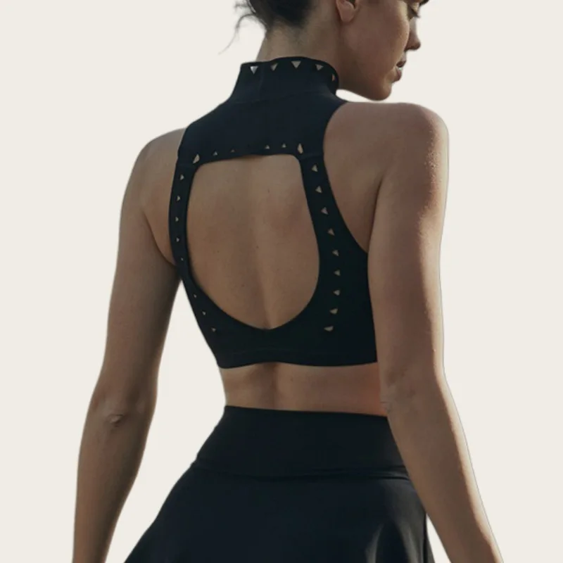 FUBEIKE Hollow Out Yoga Vest High Neck Hollow Top Women A Words V Waist Lined Golf Tennis Mini Skirt Women's Two Pieces Set
