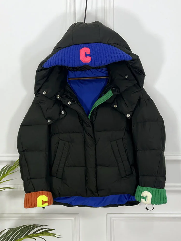 New Winter Down Cotton Jacket Women\'s Knitted Hooded Splicing Sleeve Korean Style Oversized Loose Warm Coat Cutwear 2023
