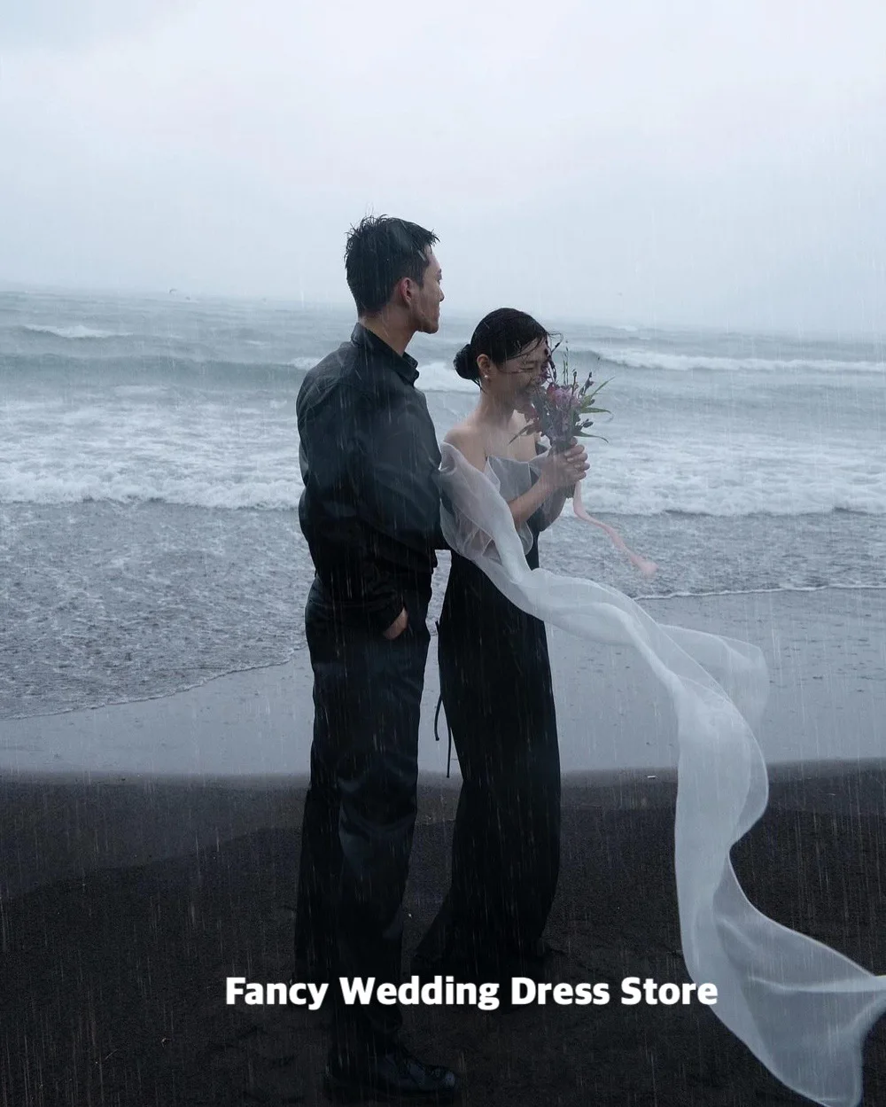 Fancy Simple Black Korea Evening Dresses Wedding Off Shoulder Long Cape Wedding Dresses Photo shoot customized