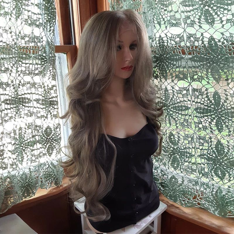 Light Ash Brown Synthetic Wigs Human Hair Blend Lace Front Wig PrePlucked Futura Fiber Realistic Part Long Wavy Ladies Gift Wig