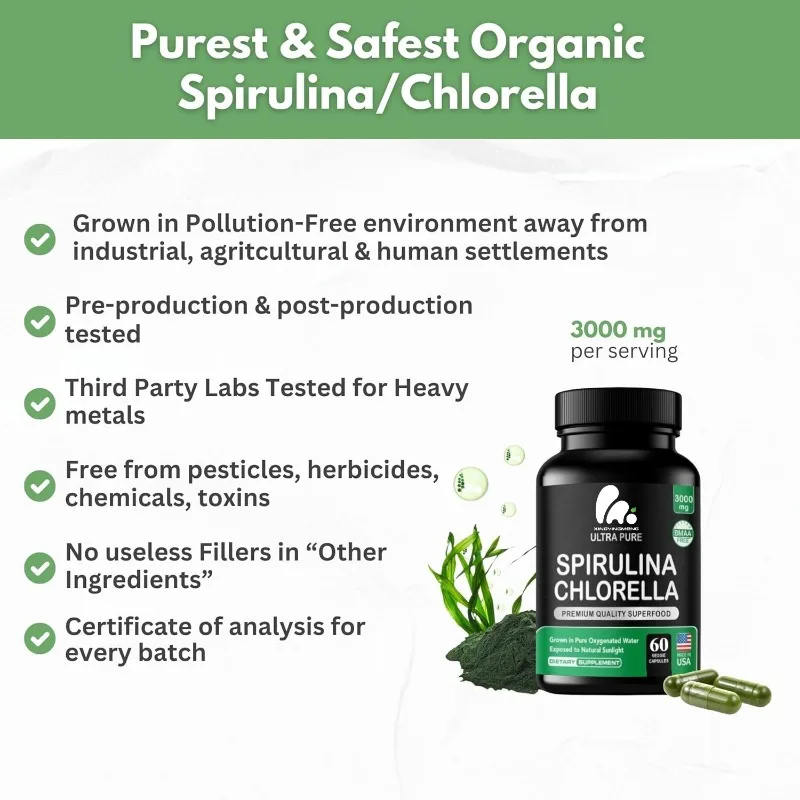 

Chlorella Spirulina Powder Capsules 3000mg - Pure Vitamin Protein Green Superfood Capsules Cleaning Support