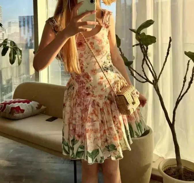 Women Printed Dress Square Collar Sleeveless High Waist Elegant Ladies Midi Robe