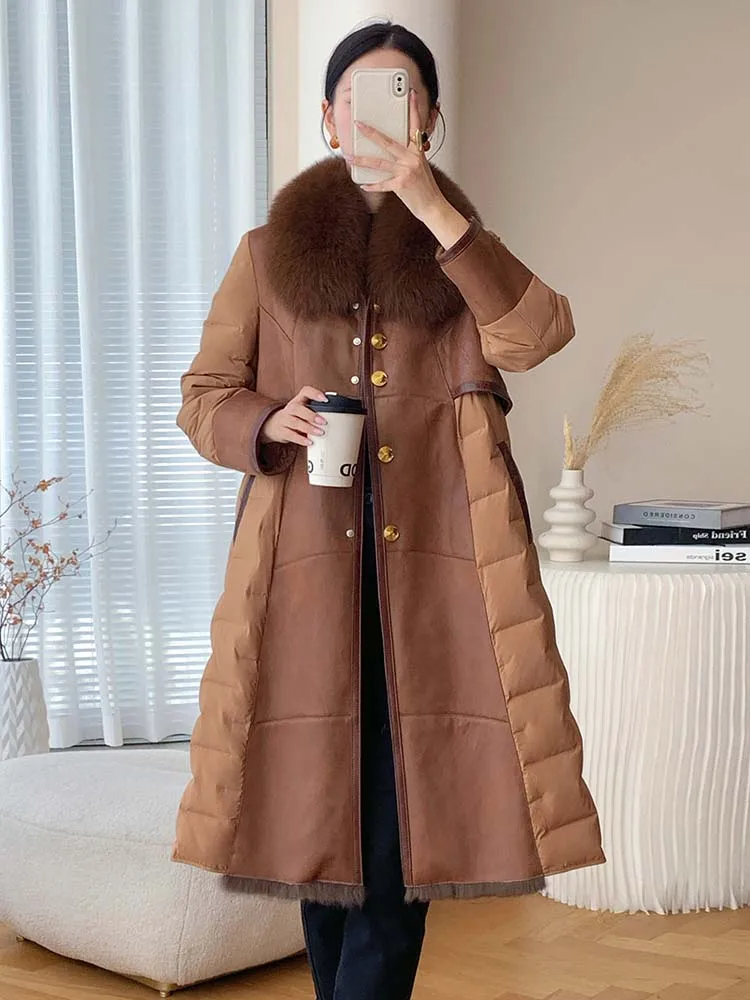 Inverno feminino longo casaco de couro genuíno natural gola de pele de raposa real forro de pele de coelho cinto fino trench novo outerwear