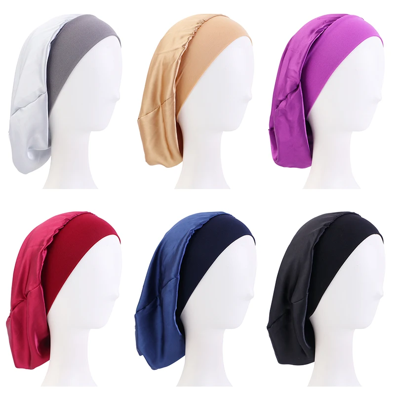 New Satin Sleep Cap Elastic Wide Edge Satin bonnet Long Hair Hat Sleeping Hats Wrap Night Cap Hair Care Bonnet for Women Men Cap