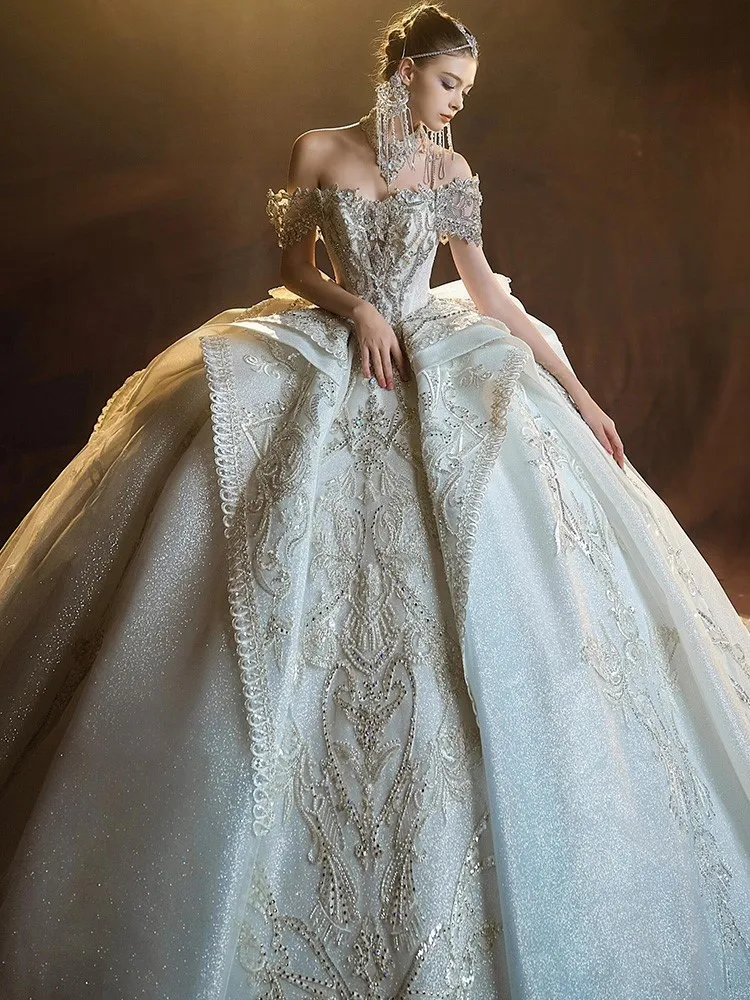 

One-shoulder heavy Industry luxury haute couture new textured large tail main fabric dress