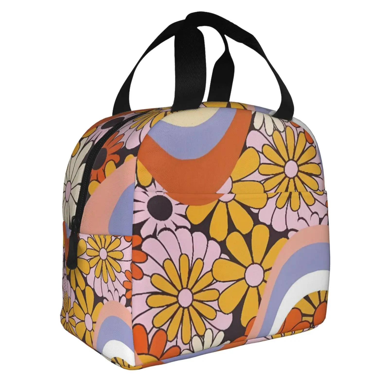 Hippie Floral Pattern Insulated Lunch Bag for School Waterproof Cooler Thermal Lunch Box Women Children Food Container Tote Bags