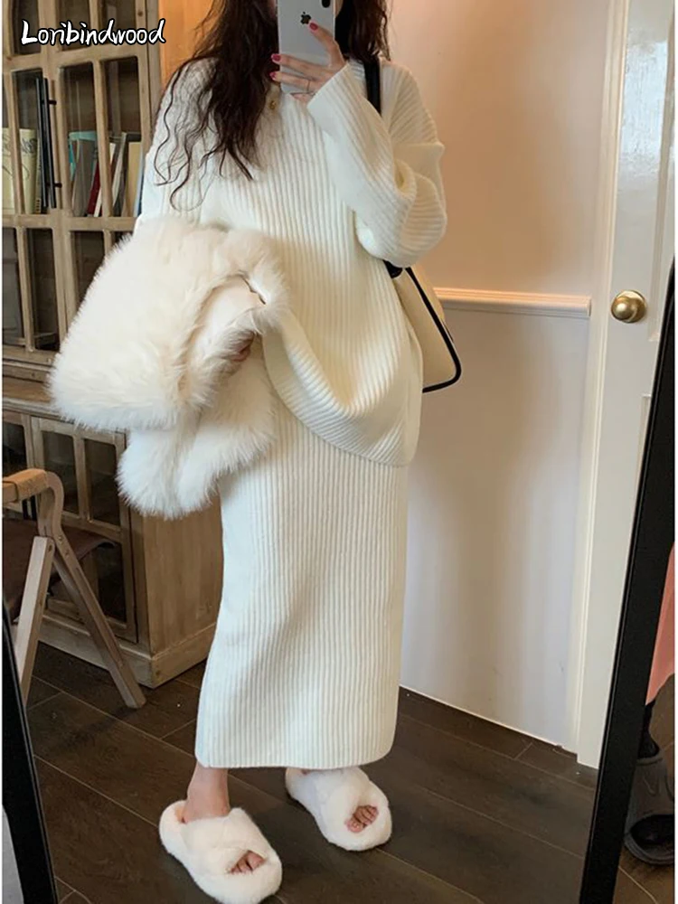 2023 Autumn New Korean Simple Pullover Loose Sweater + High Waist Comfortable Skirt Set Autumn Two-piece Set vestidos