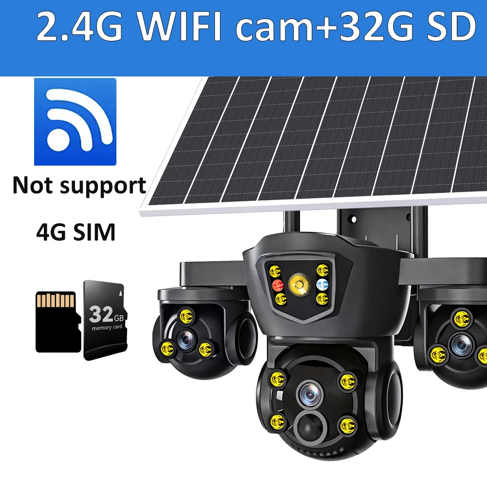 DIFANG V380 Pro WiFi draadloze zonnecamera Drie schermen buiten 4G Sim-kaart Solar CCTV Batterij met drie lenzen Zonne-beveiligingscamera