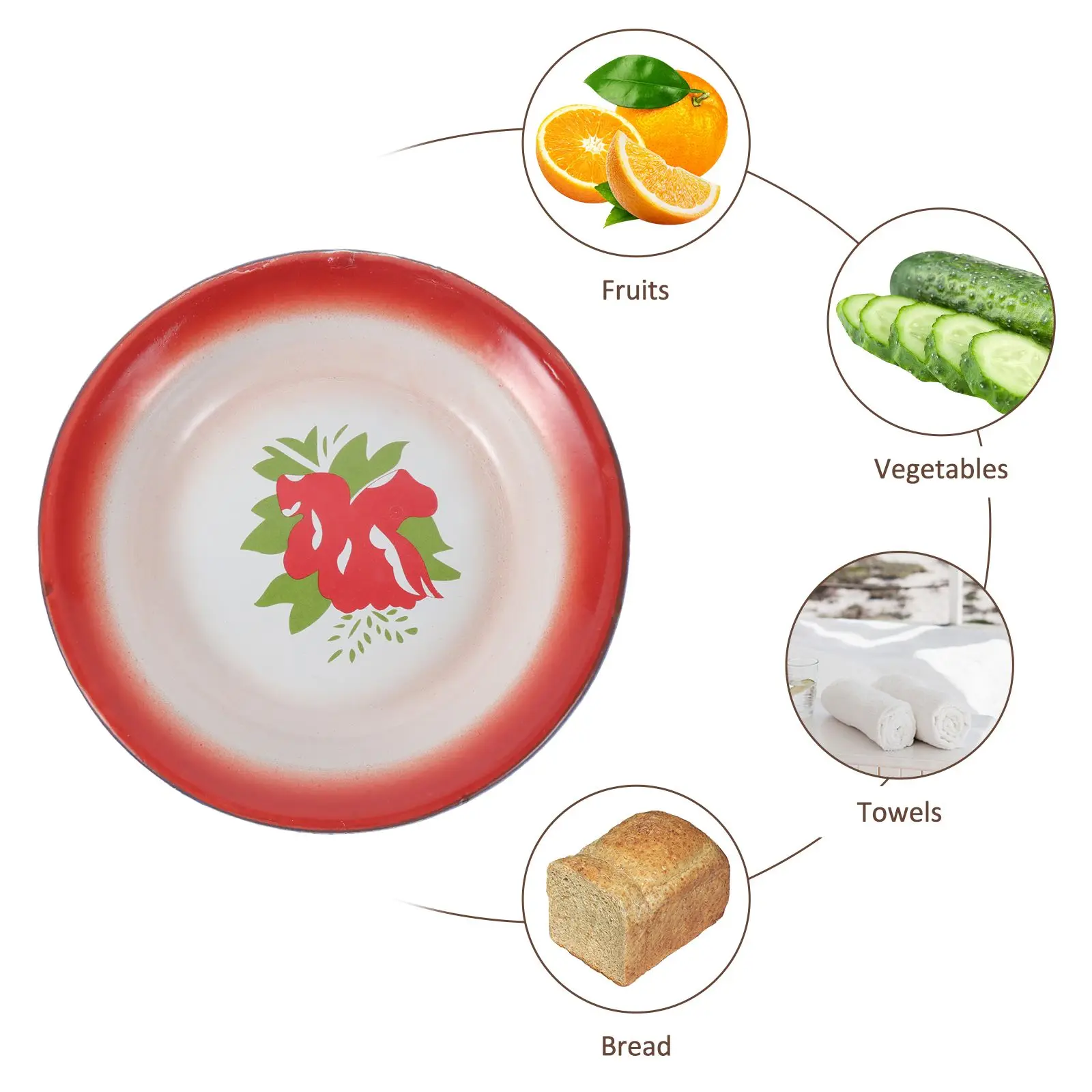 

Enamel Plate Vintage Style Flower Pattern Red Color Festival Warm Wash Fruit Store Food Nice Gift Hotel Restaurant Bar Picnic