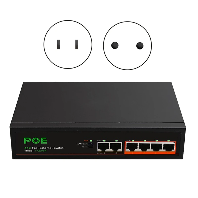 

1Set 6 Ports POE Switch Network Home Network Hub Adapter Series Power Connect 4-Poe+2 UP-Link Fast Ethernet Plastic US Plug