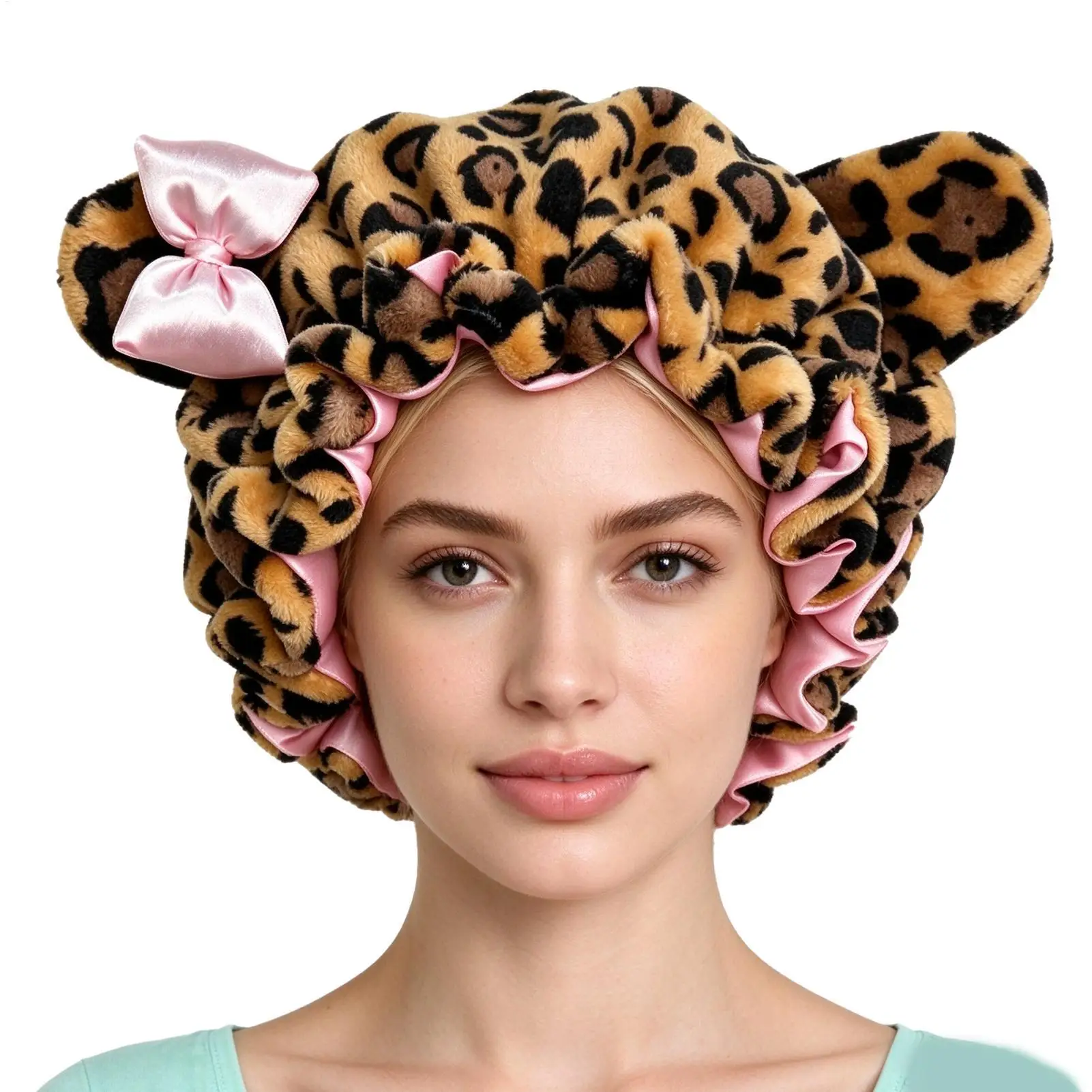 Sleep Bonnet Leopard Print Plush Hair Bonnet with Big BowSoft Fluffy Night Sleep Cap, Adjustable Bear Ear Hair Wrap  Hair Bonnet