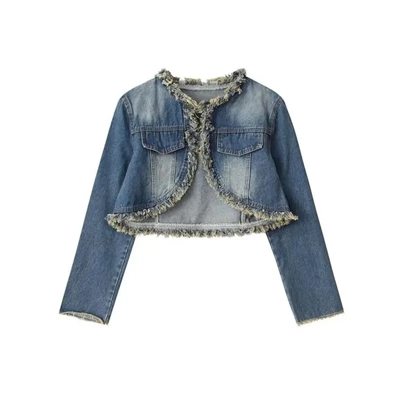 

Women's Fried Street Vintage Jeans Jacket, Female Short Outwear, Slim Raw-Edge Denim Tops, Spring Autumn Streetwear, New, 2023