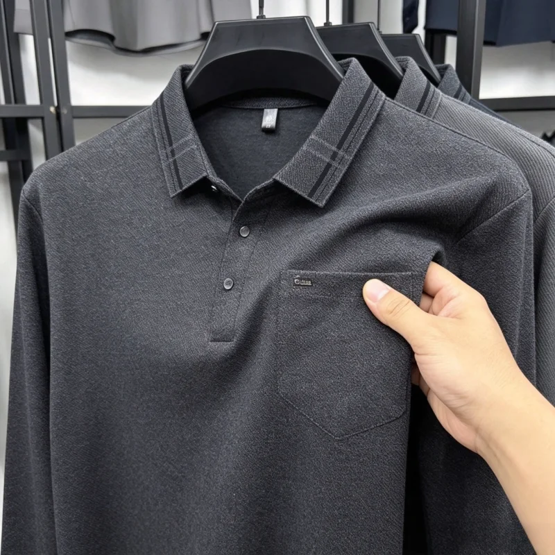 Men Long Sleeve Polo Shirt Lapel With Pocket Casual Middle Aged Elderly Dad Spring Autumn Top