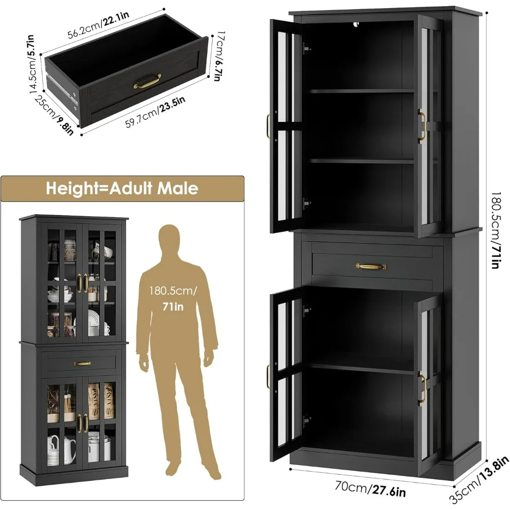 高さ71インチのガラス扉と引き出し付きキッチンキャビネット、調節可能な棚付き自立型パントリー