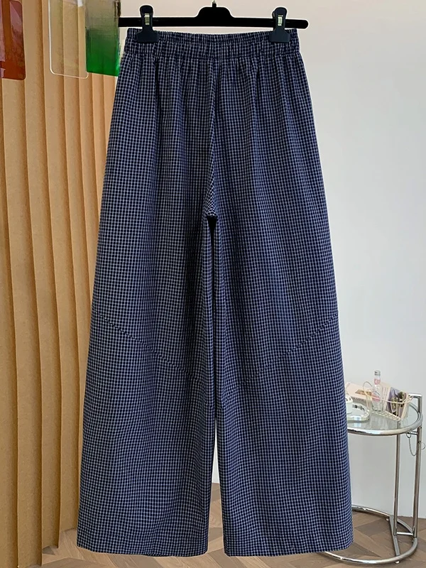 Comfortable Loose Wide Leg Casual Pants Women's Spring Summer Thin Vintage Small Grid Pattern Lazy Style Fashion Trend