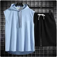 2025 summer new men's two-piece casual T-shirt and shorts set men's sports set fashionable short sleeved sports set hooded T-shi 4