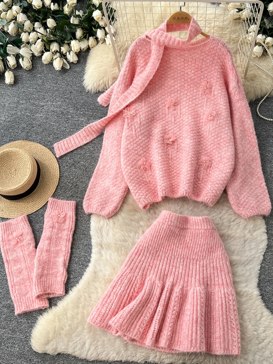 High Waist Knitted Top And Skirt Set with Sleeve Covers Women's Fashion Autumn Outfit Gentle Lazy Design Sense Four Piece Set