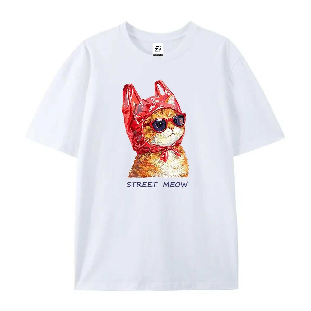 Women‘s Short Sleeve Street Meow Cute Orange Cat Graphic Tee Funny Sunglasses Cat With Red Bag Casual Oversized Trendy Pet Lover