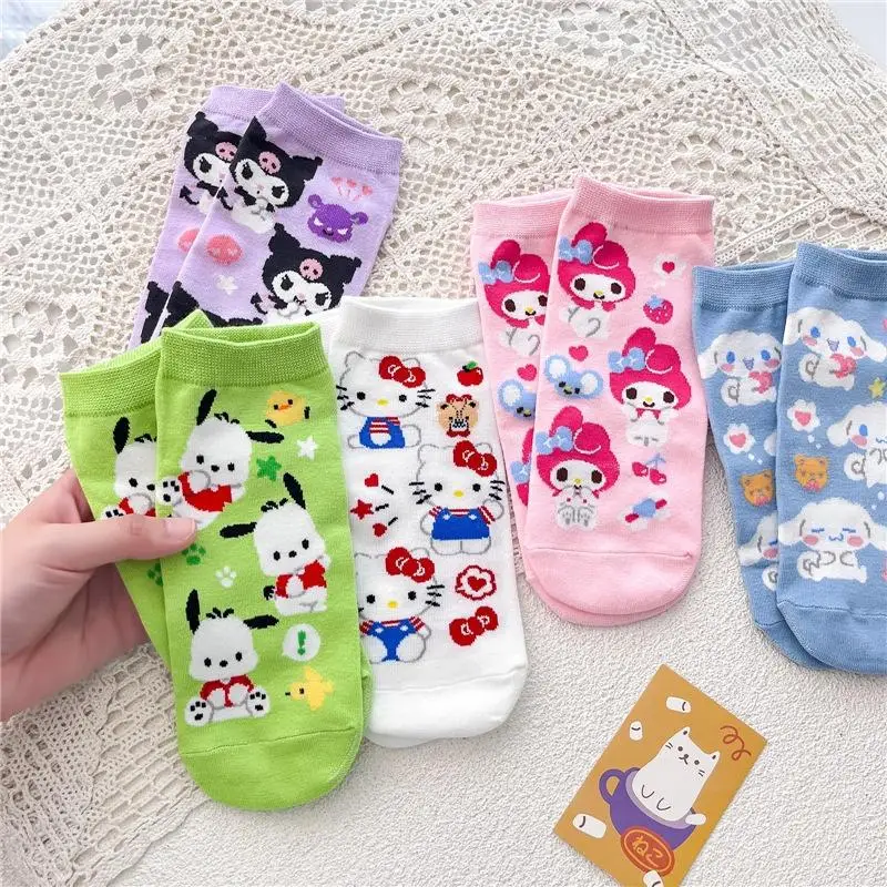 جوارب سانريو هالو كيتي ماي ميلودي كورومي سينامورول أنيمي ثنائية الأبعاد، جوارب قصيرة مريحة على شكل قلب فتاة حلوة قابلة للتنفس