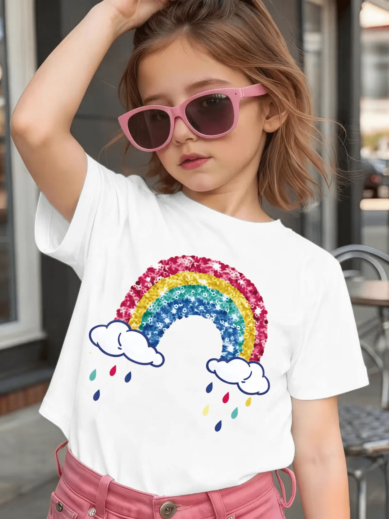 Glitter Rainbow Cloud Print Kids T Shirt Cotton Short Sleeve Boys Girls Parent Child Matching Summer Daily Casual Soft Tees