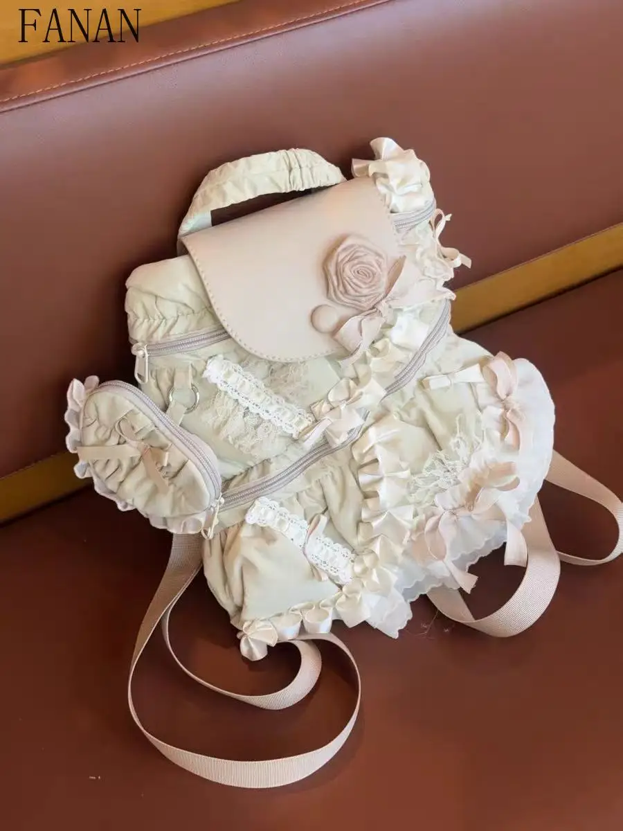 

Original Lolita Bag French Style Pleated Lace Cloud Girl Backpacks College Style Commuting Backpack Sweet Women's Bags