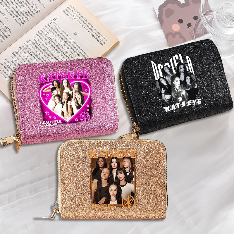 

Fashion K POP K-KATSEYE Glitter Accordion Card Holder Cute Women's Mini Coin Purse Zipper Clip Slots Clutch Stylish ID Bags Gift